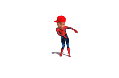a cartoon of a man in a spiderman costume with a red hat