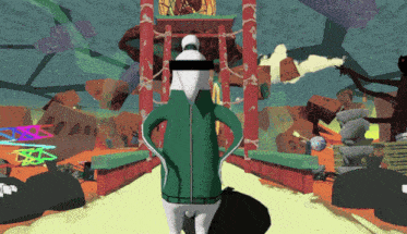 a cartoon character wearing a green jacket stands in front of a temple with a black band around his eyes
