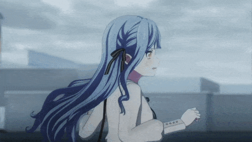a girl with blue hair is running in a dark room