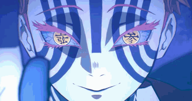 a close up of a person 's face with chinese writing on it
