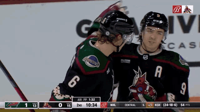 arizona coyotes players number 6 and 9 are hugging each other
