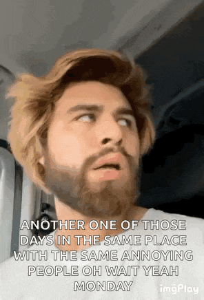 a man with a beard and blonde hair is sitting in a car with the same annoying people oh wait yeah monday .