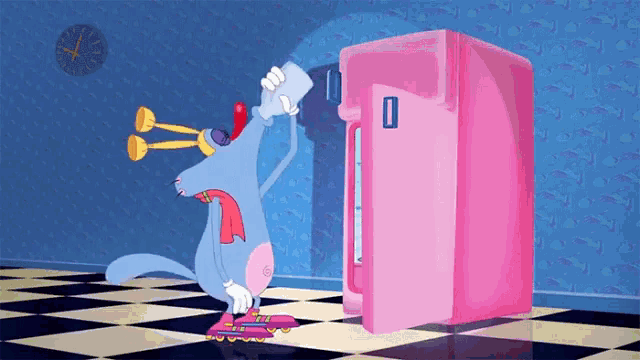 a cartoon character drinking water from a pink fridge