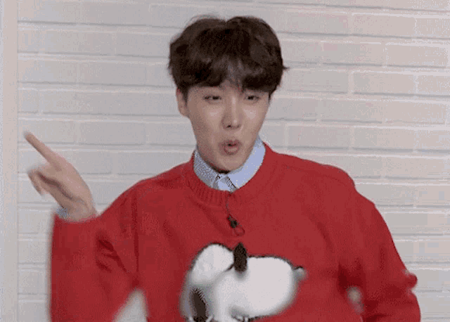 a man wearing a red sweater with a snoopy on it