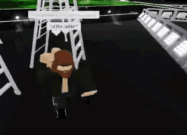 a person is standing next to a ladder in a video game and talking to another person .