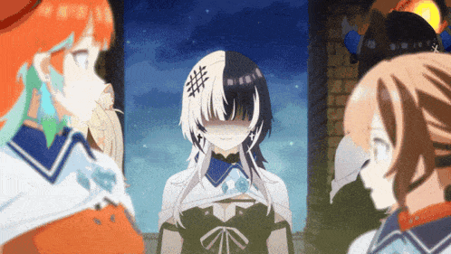 a group of anime girls standing next to each other with one girl covering her face