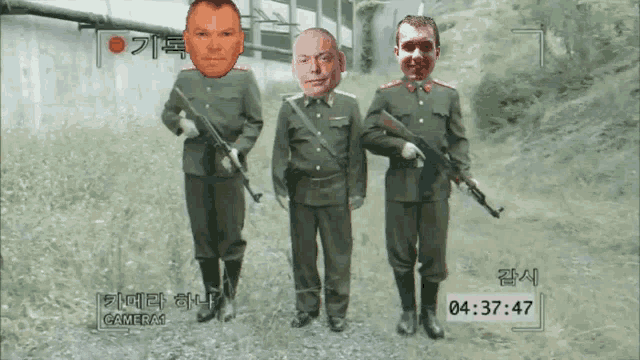 three men in military uniforms are standing next to each other with their faces on a screen that says cameras