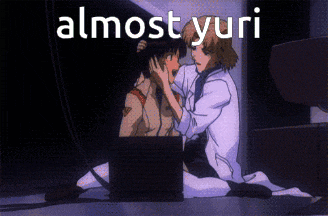 a couple of anime characters sitting next to each other with the words " almost yuri " written above them