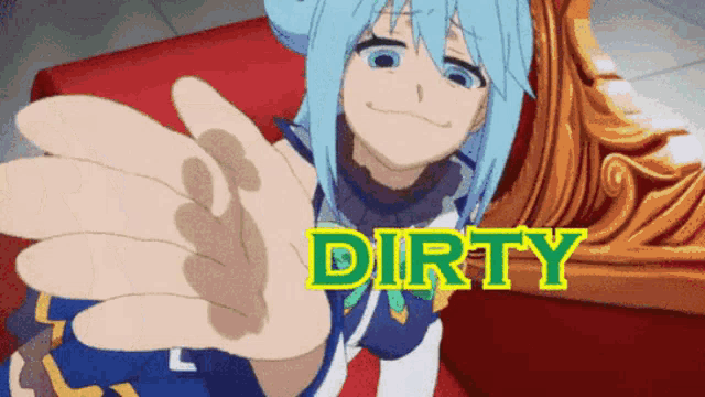 a cartoon of a girl with the word dirty written on it