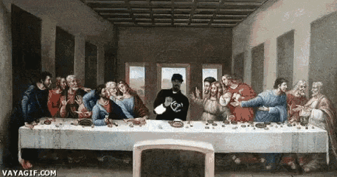 a painting of the last supper by leonardo da vinci with a man standing in the middle
