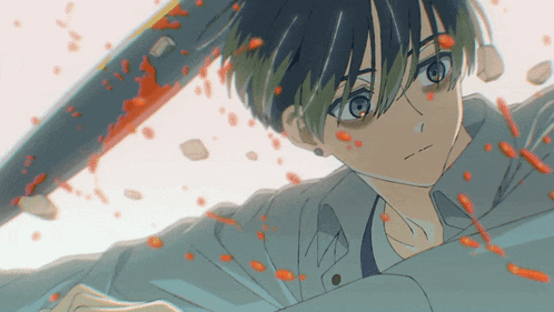 a drawing of a boy holding a sword with blood on it