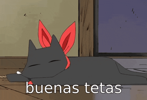 a black cat with red ears is laying down with the words buenas tetas written below it