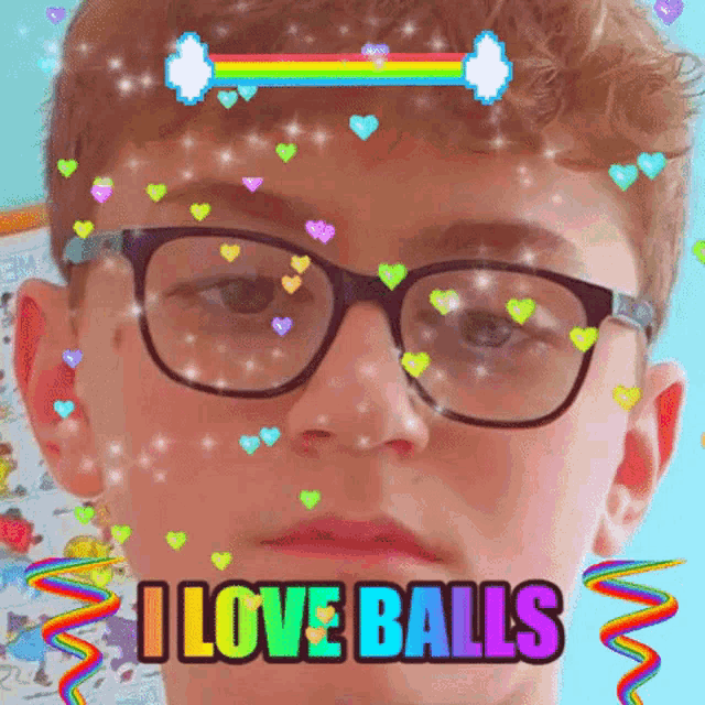 a boy wearing glasses with the words i love balls above his face