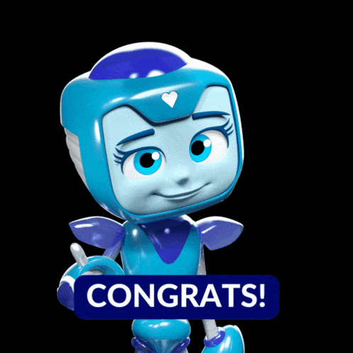 a blue robot with a heart on her helmet says congrats on a black background
