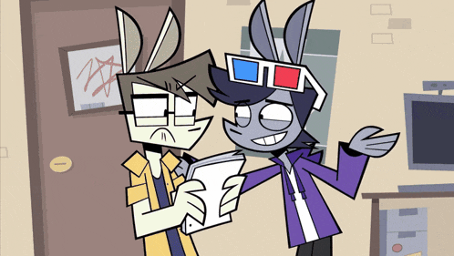 two cartoon characters wearing 3d glasses are standing next to each other in a room