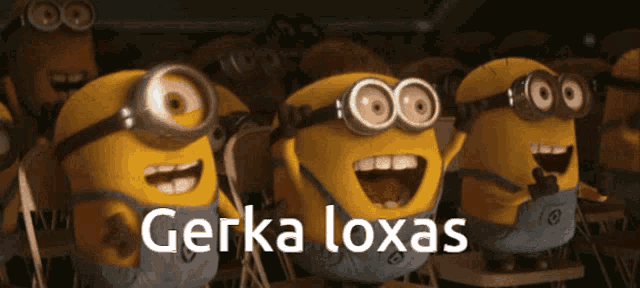 a group of minions are laughing with the words gerka loxas written on the bottom