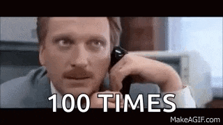 a man with a mustache is talking on a cell phone and the words `` 100 times '' are next to him .