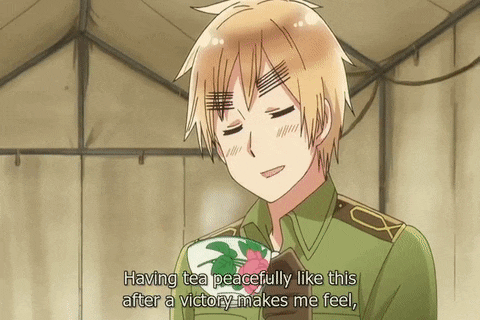 a man in a green uniform says " having tea peacefully like this after a victory makes me feel , "