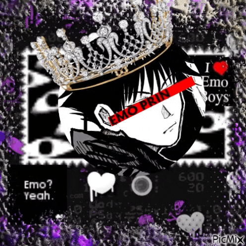 a black and white drawing of a boy with a crown and the words emo pain written on his face