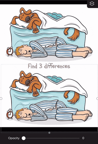 a cartoon drawing of a man sleeping with a dog on his bed
