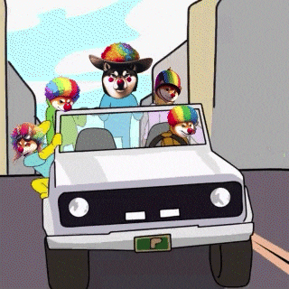 a group of clown dogs are riding in a car with a license plate that says p.