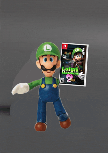 a toy mario holding a luigi 's mansion 2 video game