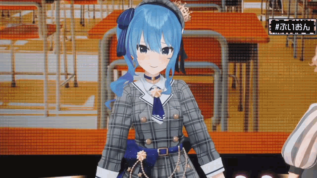 a girl with blue hair and a crown on her head