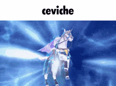 a cartoon of a man riding a white horse with the word ceviche above it