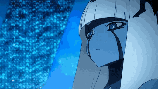 a close up of a blue and white anime character
