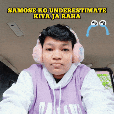 a man wearing ear muffs and a purple shirt with the words samose ko underestimate kiya ja raha written above him