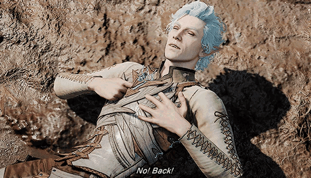 a man with white hair is laying on the ground with his hands on his chest and says no back