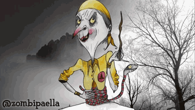 a drawing of a witch with a snake and the name zombipaella on the bottom right