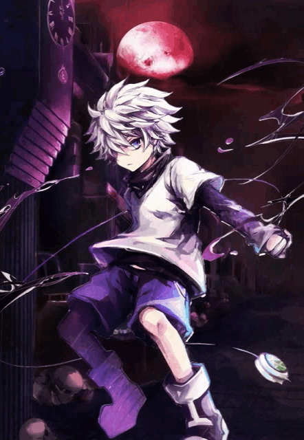 a boy with white hair and blue eyes is standing in front of a clock