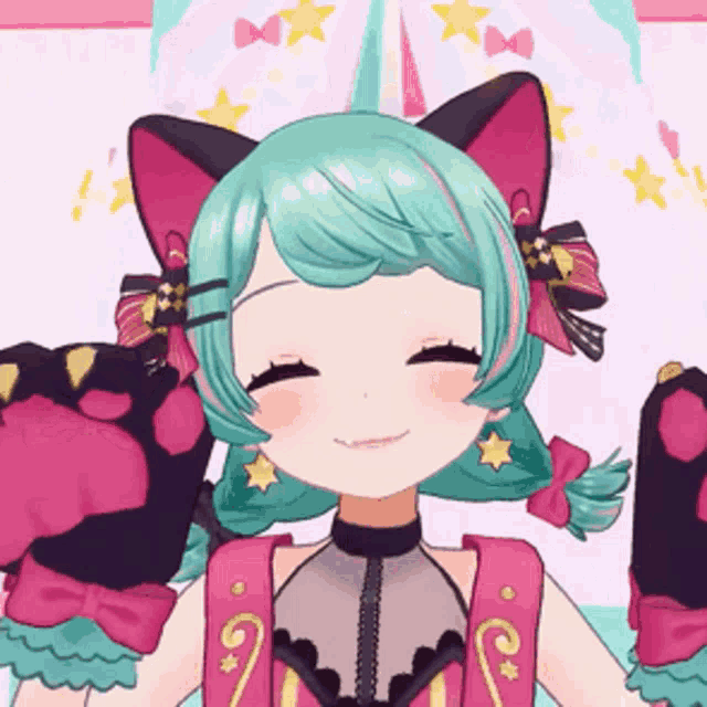 a girl with cat ears is smiling and wearing gloves with paw prints
