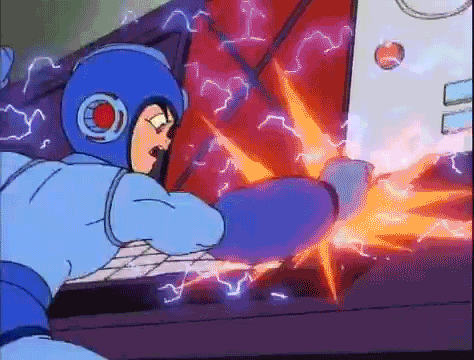 a cartoon of a man in a blue suit fighting a robot with lightning coming out of his hands .