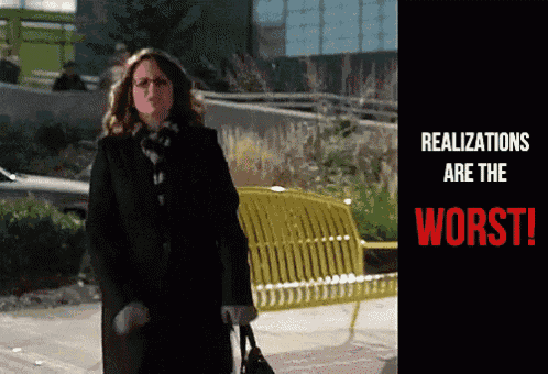 a woman is standing in front of a yellow bench with the words realizations are the worst on the bottom