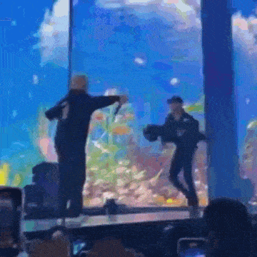a man is standing on a stage in front of an aquarium while holding a microphone .
