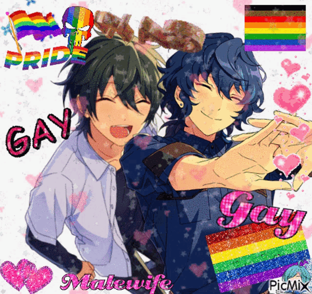 a picture of two anime characters with the words gay malewife written on the bottom