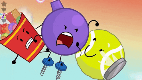 a cartoon character with a tennis ball and a purple bomb