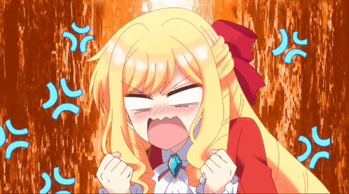 a girl with blonde hair and a red bow on her head is making a very angry face