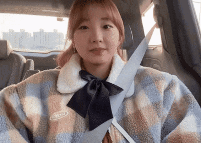 a woman wearing a plaid jacket and a bow tie is sitting in a car with a seat belt around her neck .
