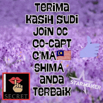 a sign that says terima kasih sudi join oc co-capt c'ma shima anda terbaik with purple flowers in the background
