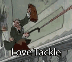 a cartoon of a man holding a cane and a hammer and the words `` love tackle '' .