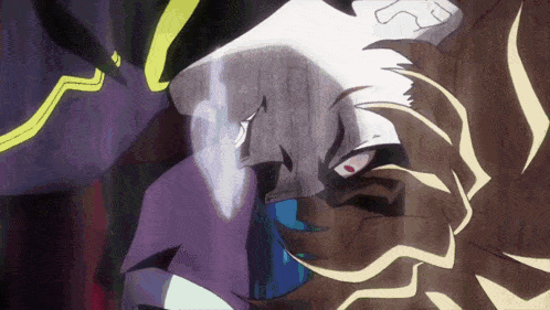 a close up of a cartoon character 's face with a purple and yellow stripe