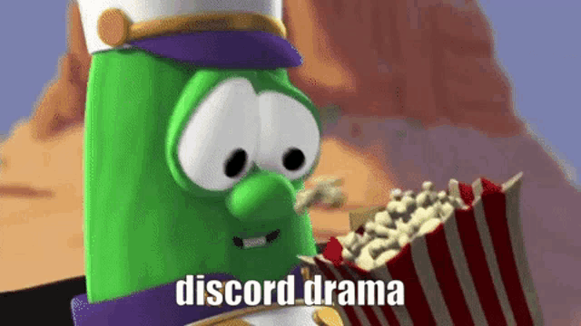 a green cartoon character is holding a box of popcorn and says discord drama .