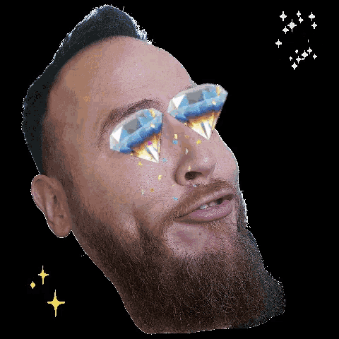 a man with a beard is wearing sunglasses that look like diamonds in his eyes