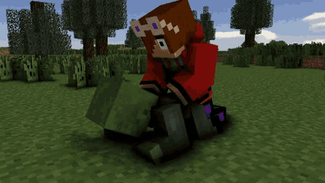 a person in a red jacket is riding a green monster in a video game