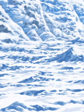 a painting of a snowy mountain range with a blue sky