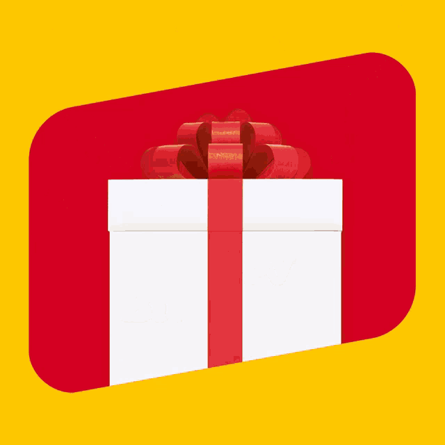 a white gift box with a red ribbon and bacon coming out of it