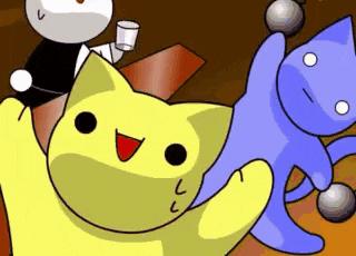 a yellow cat and a blue cat are dancing in a cartoon .